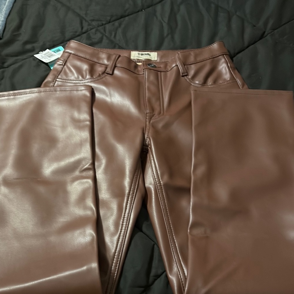 Brown Leather mode Straight Leg Pants